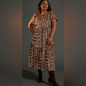 Maeve Gold and Pink Flutter Sleeve V-Neck Midi Dress